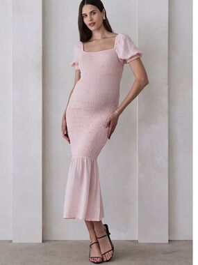 Bumpsuit Square Neck Pink Puff Sleeve Midi Dress Smocked Size Small Maternity‎